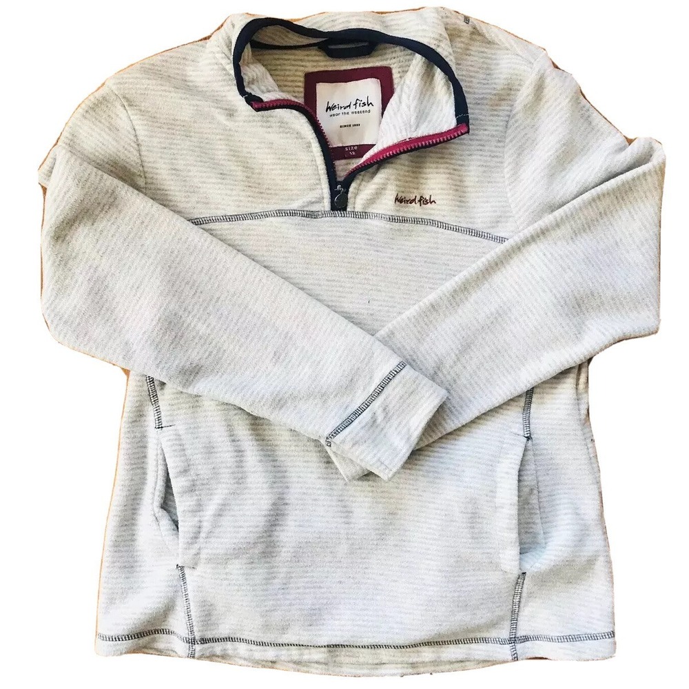Weird Fish Cream Grey Stripe Pink Logo 1/4 Zip Pullover Sweater Womens Size 12